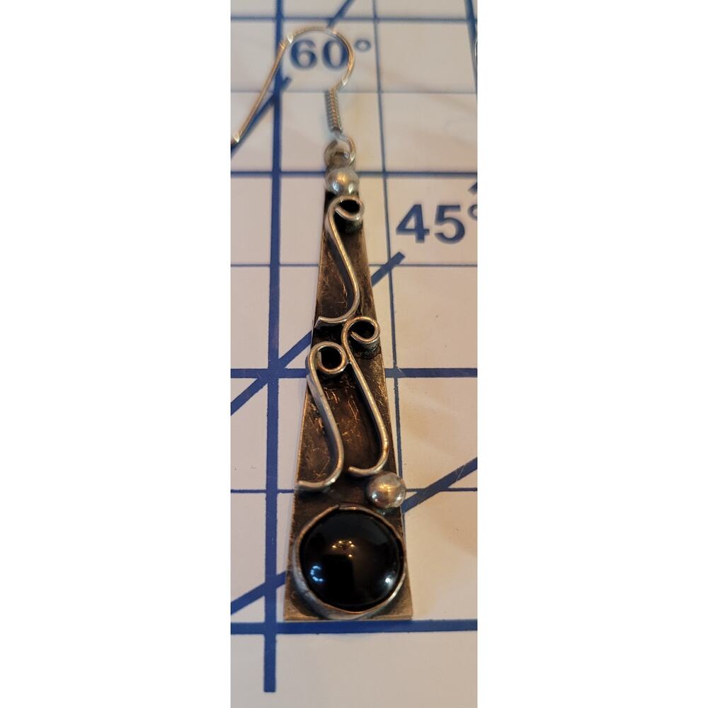 Taxco Sterling and Onyx Triangular Dangle Earrings, French Wire, Marked TC-40 - Picture 3 of 9